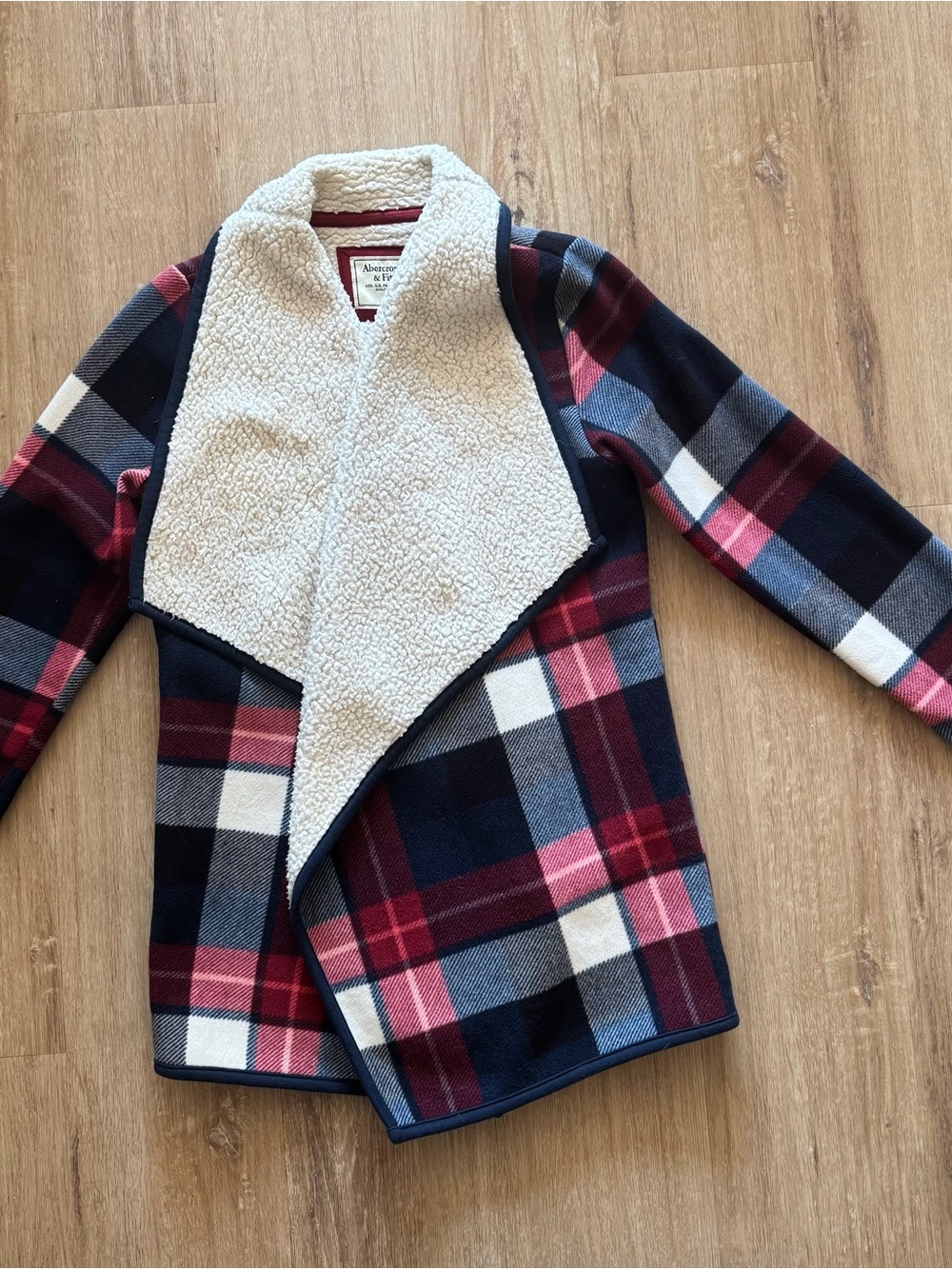 Abercrombie & Fitch Plaid Sherpa-Trim Open Front Coat - Navy, Red, White